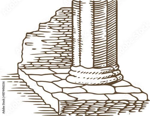 Ancient stone column and brick wall ruins on tiled pavement, historic architecture fragment