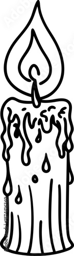 burning candle with melting wax drip illustration, hand drawn flame and wick design