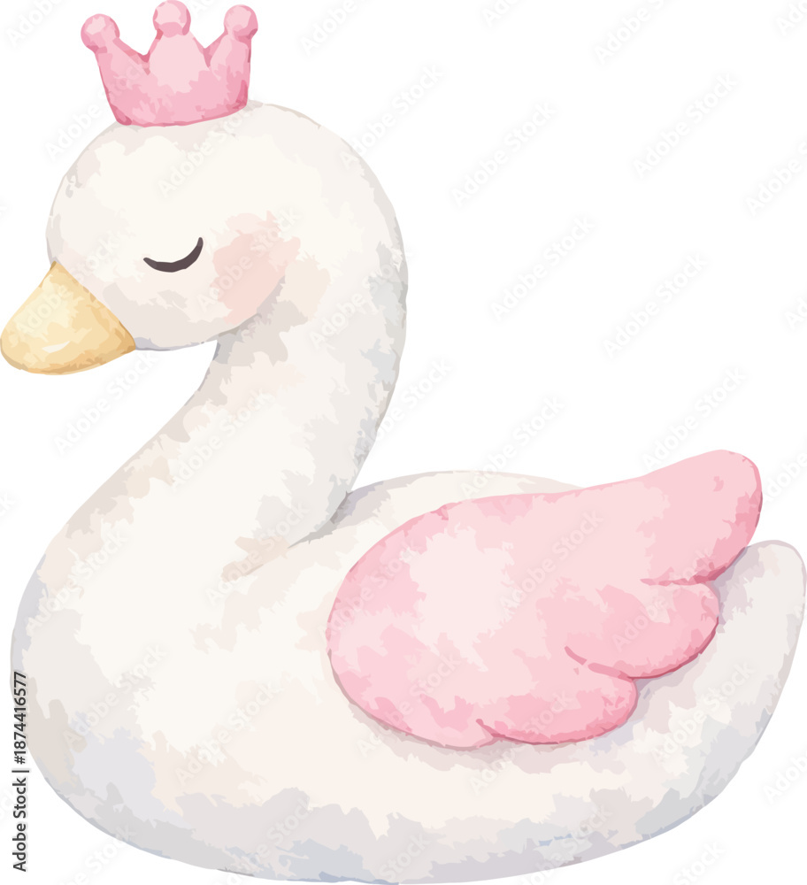 Obraz premium Graceful crowned swan princess with pink wings cute fairytale bird illustration for children