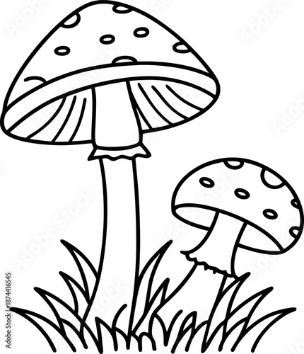 Two wild mushrooms growing among grass with spotted caps and textured stems