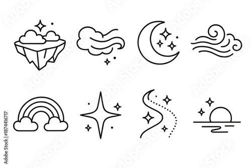 Dreamy Astral Pathways. Dreamlike Astral Pathways set in outline vector style: floating island, soft cloud ribbon, dreamy starline, surreal moon, drifting mist,