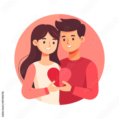 Smiling Couple Holding Two Halves of a Red Heart, Symbolizing Love