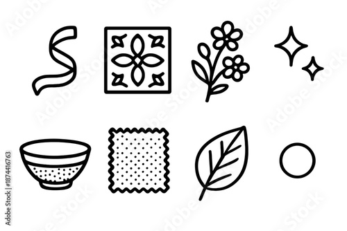 Decorative Icon Set. Decorative Finishing Touches set in outline vector style: ribbon curl, pattern tile, floral sprig, subtle sparkle, crafted bowl, textured fabric, accent leaf, glow dot