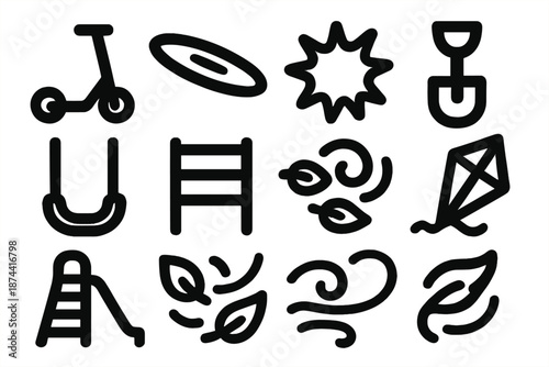 Playful Activity Icons. Outdoor Playtime icon set in silhouette bold style. Contain rolling scooter outline, flying frisbee arc, chalk doodle sun, sandbox