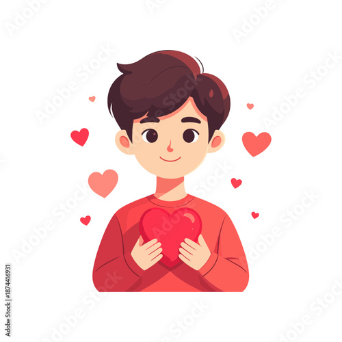 Smiling Cartoon Boy Holding a Big Red Heart with Floating Hearts