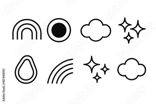 Layered Arc Design. Organized Formation set in outline vector style : layered arc line, soft glow bead, gentle ripple puff, reflective contour, aligned sparkle