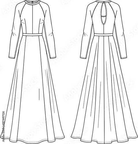 Women's Long Sleeve Maxi Dress Technical Flat Sketch Vector Illustration Featuring Front and Back Views with Keyhole Back Detail for Fashion Design and Manufacturing