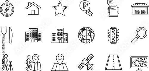 Navigation, Travel and Location Outline Icons, Compass, Map, GPS, Destination, Hotel, Restaurant, Transportation, Urban City, Global Search, Directions