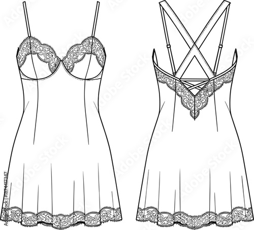 Women's Lingerie Lace Chemise Nightwear Technical Flat Sketch Vector Illustration Featuring Front and Back Views with Delicate Lace Trim and Strappy Back Detail for Fashion