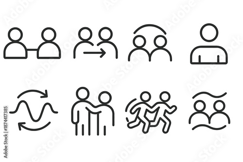 Teamwork Symbols. Team Coordination set in outline vector style : linked node pair, shared direction arrow, cooperative arc, balanced dual dots, synchronized
