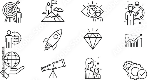 Personal development and strategy icon collection featuring goal, time, growth, vision, mentorship, and global planning for business, coaching, and success design.