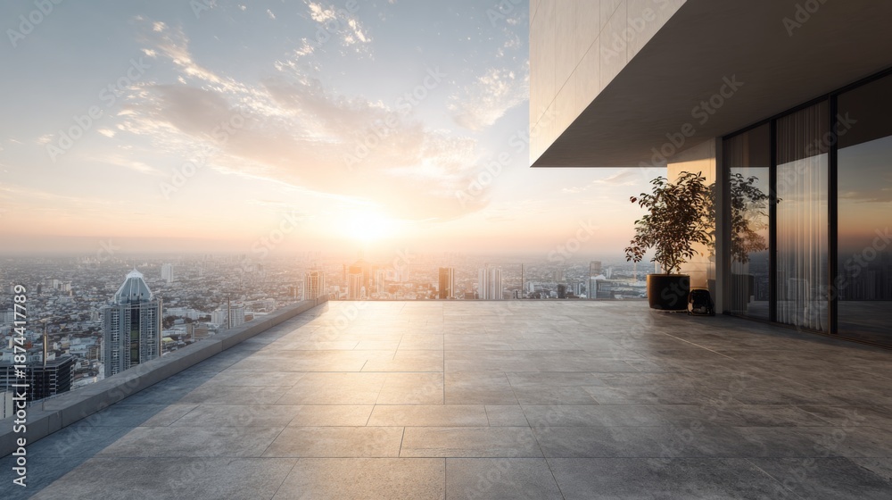 Fototapeta premium Luxury rooftop terrace overlooking city skyline at sunrise