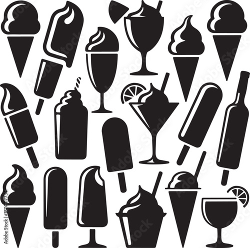 Black silhouettes of various ice cream and cold drink treats on white background