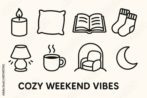 Cozy Relaxation Icons. Cozy Weekend Vibes set in outline vector style: warm candle, plush pillow, reading book, comfy socks, soft lamp glow, calm steam mug, quiet corner, peaceful curve