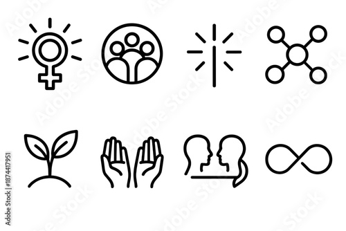 Empowerment Icon Set. International Women’s Day Shared Empowerment set in outline vector style: radiant female symbol, teamwork ring, uplight spark,