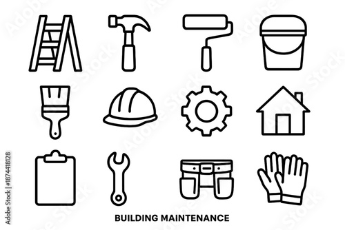 Maintenance Tools Icons. Building Maintenanceset in outline vector style ladder, hammer, paint roller, bucket, brush, hard hat, gear, house, clipboard, wrench, tool belt, gloves