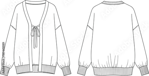 Women's, tie-front, cardigan, sweater, fashion, technical, flat, sketch, long, sleeve, knitwear, apparel, design, template, vector, illustration, front, back, view, oversized