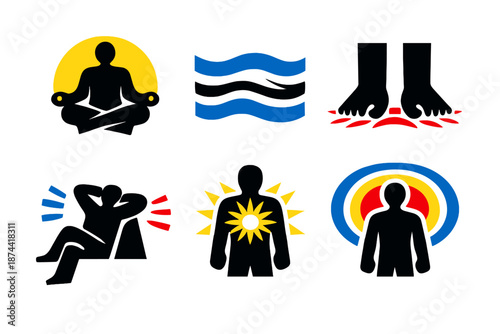 Mind-Body Balance Icons. Mind body balance icon set in silhouette bold style. Contain meditating figure, steady breath lines, grounded feet, inner light, relaxed posture, harmony aura