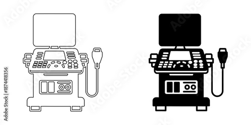 Ultrasound diagnostic machine icon in line art and solid silhouette styles, isolated medical vector illustration of sonography and radiology imaging equipment.
