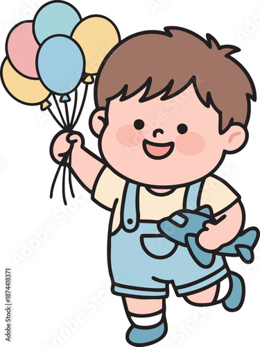Happy little boy running with toy airplane and balloons. Children's Day concept vector illustration.