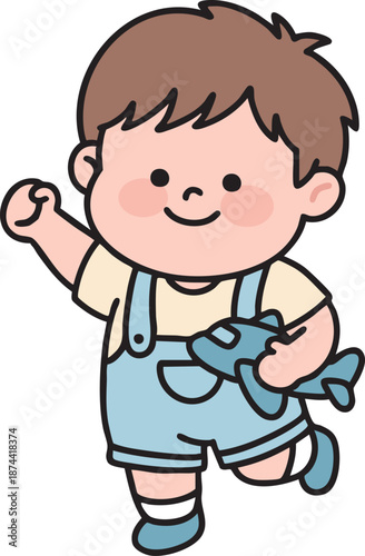 Cheerful boy holding a toy plane and making a fighting pose. Children's Day gift vector illustration.
