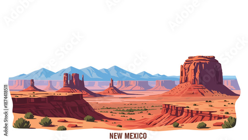 Flat vector illustration of New Mexico desert landscape with mesas, red rock formations, distant mountains, and vast skies, southwestern scenery in solid colors