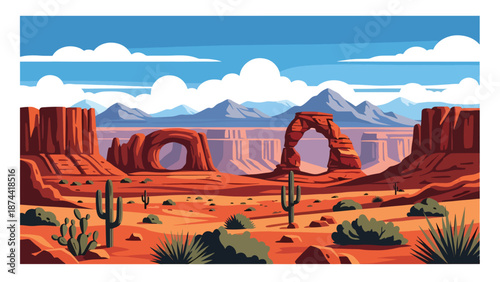 Flat vector illustration of New Mexico desert landscape with mesas, red rock formations, distant mountains, and vast skies, southwestern scenery in solid colors
