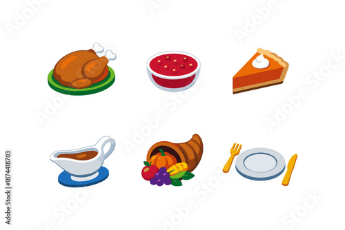 Festive thanksgiving feast icons set with turkey and pumpkin pie