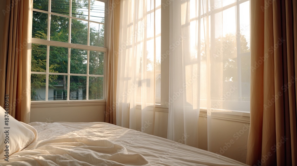 Fototapeta premium Soft Morning Light Streaming Through Sheer Curtains in a Bedroom