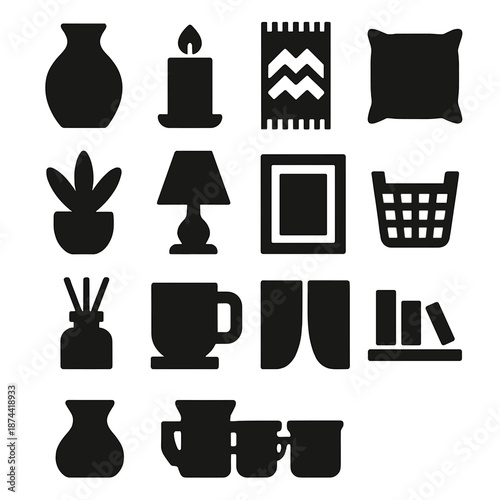 Brutalist Home Icons Collection. Home Boutique icon set in silhouette bold style. Contain vase, candle, rug, pillow, plant, lamp, frame, basket, diffuser, cup, curtain, shelf