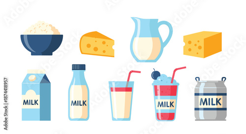 Collection of various dairy products including milk, cheese, yogurt, and butter in different containers and glasses on a white background.