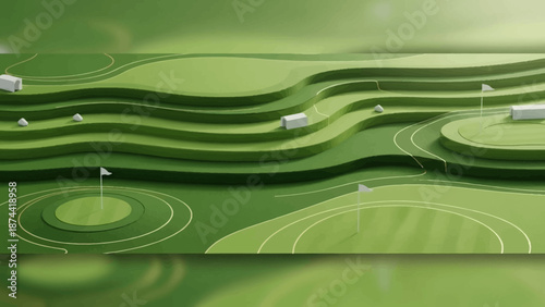 Abstract Golf Course Layout with Rolling Greens and Flags.