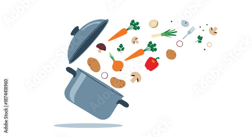 Illustration of fresh organic vegetables falling into a grey cooking pot for a healthy soup recipe on a plain white background.