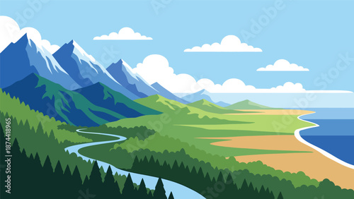 Flat vector illustration of North Carolina landscape combining Appalachian mountains, forests, rivers, and coastal plains, diverse natural scenery in clean flat colors
