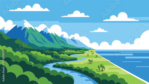 Flat vector illustration of North Carolina landscape combining Appalachian mountains, forests, rivers, and coastal plains, diverse natural scenery in clean flat colors
