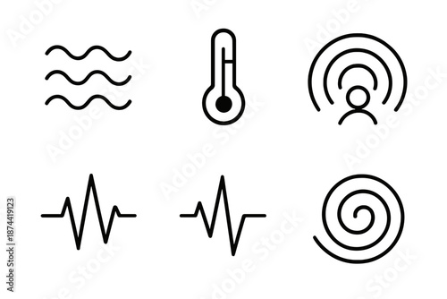 Sensor Symbols Arrangement. Sensor signals set in outline vector style : motion wave, temperature icon, proximity arc, vibration line, detection pulse, energy swirl