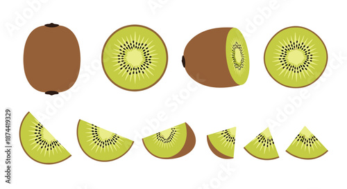 Comprehensive set of kiwi fruit illustrations showing the fuzzy whole fruit, circular slices, and wedges with tiny black seeds on white.