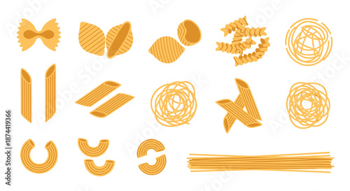 Various types of dry pasta shapes like farfalle, conchiglie, fusilli, and penne arranged neatly on a clean white background for cooking.