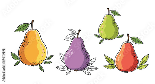 Four different colored pears in yellow, purple, green, and orange, each with green leaves and a clean vector style on a white background.