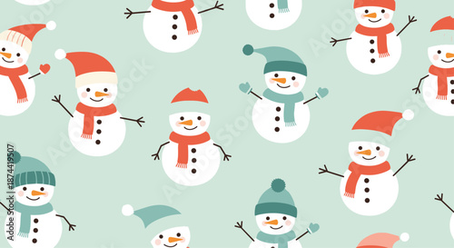 Festive seamless pattern featuring cute snowmen wearing red and green hats and scarves on a light mint green background for winter holidays.