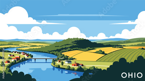 Flat vector illustration of Ohio landscape featuring rivers, rolling hills, forests, farmland, and small towns, balanced Midwestern scenery in solid colors