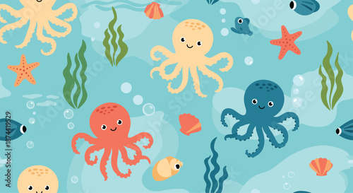 Playful seamless pattern featuring colorful octopuses, little fish, starfish, and green seaweed on a light blue ocean background for children.