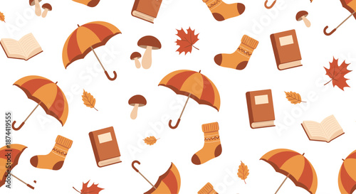 Cozy autumn seamless pattern featuring umbrellas, open books, mushrooms, maple leaves, and warm socks on a white background for fall season.