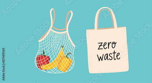 Environmental theme illustration featuring a string bag filled with fresh fruit and a cloth tote bag with zero waste text on a blue background.
