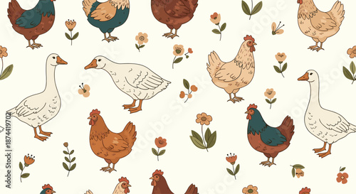 Farm life theme is captured in a beautiful seamless pattern featuring various breeds of chickens and geese amongst wild garden flowers.
