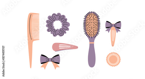 Collection of hair styling accessories including brushes, combs, and decorative clips are shown in a soft pink and purple color palette.