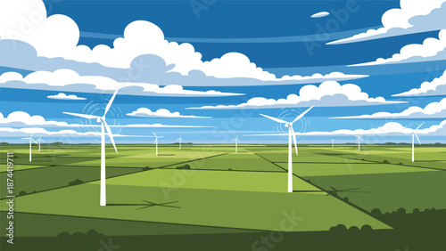 Flat vector illustration of Oklahoma countryside with open plains, farmland, wind turbines, and dramatic skies, wide rural scenery in solid flat vector style