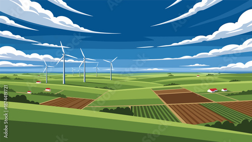 Flat vector illustration of Oklahoma countryside with open plains, farmland, wind turbines, and dramatic skies, wide rural scenery in solid flat vector style
