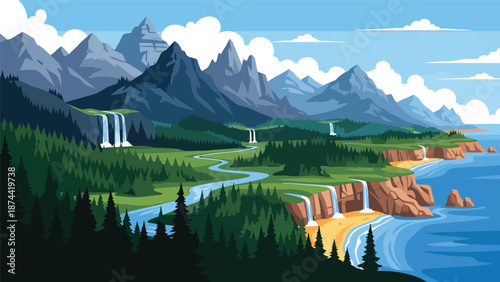 Flat vector illustration of Oregon landscape with dense forests, mountains, rivers, waterfalls, and coastline elements, diverse Pacific Northwest scenery in solid colors