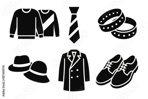 Brutalist Fashion Icons. Outfit coordination icon set in silhouette bold style. Contain complementary sweater, accent tie, matching bracelets, paired hats, coordinated coat, duo shoes